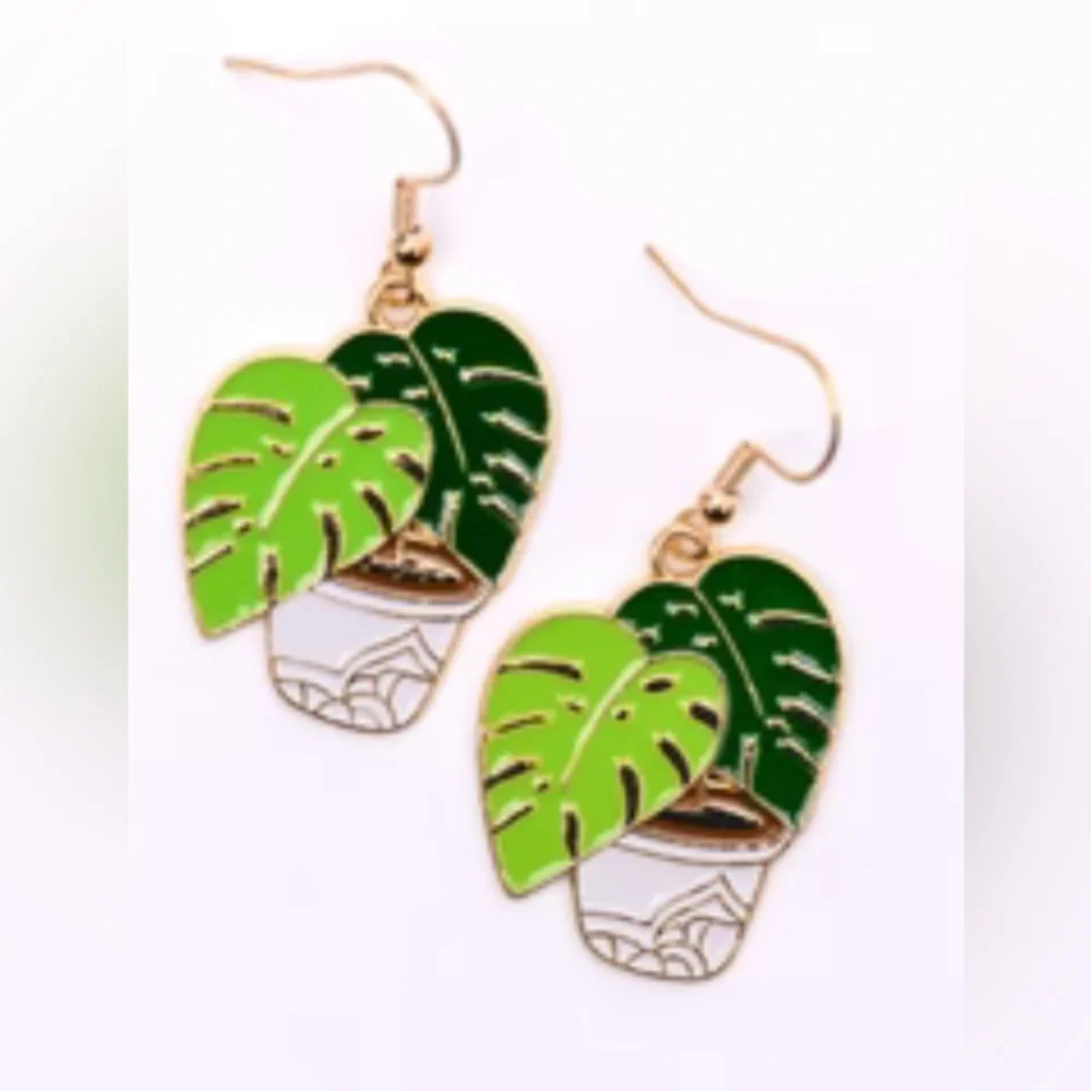 NWT - Plant Lover Monstera Leaf Potted Plant Earrings Set - single sided metal